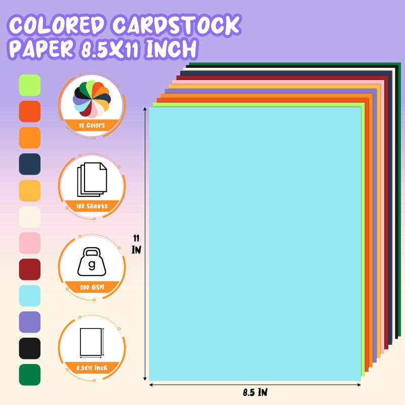 Aidunmis 180 Sheets Colored Cardstock Paper 8.5 x 11, 12 Colors Construction Paper, Colored Cardstock Printer Paper 8.5 x 11, 200 GSM Colored Card Stock Paper for Printing, DIY Crafts, Card Making - Image 2